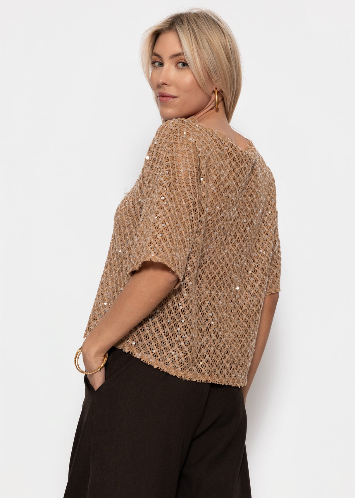 Netz-Shirt mit Pailletten - beige