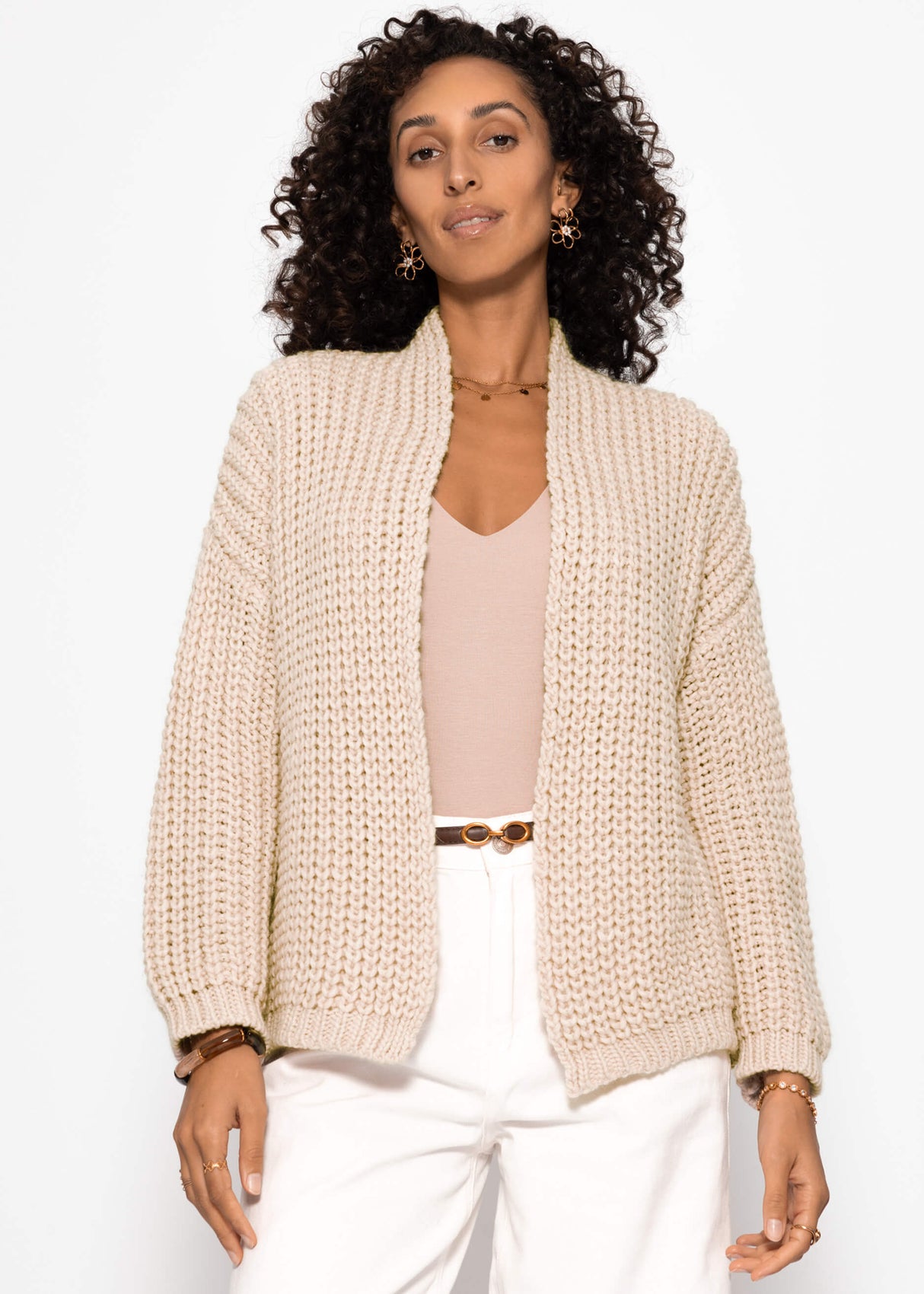 Open coarse -knit cardigan - beige