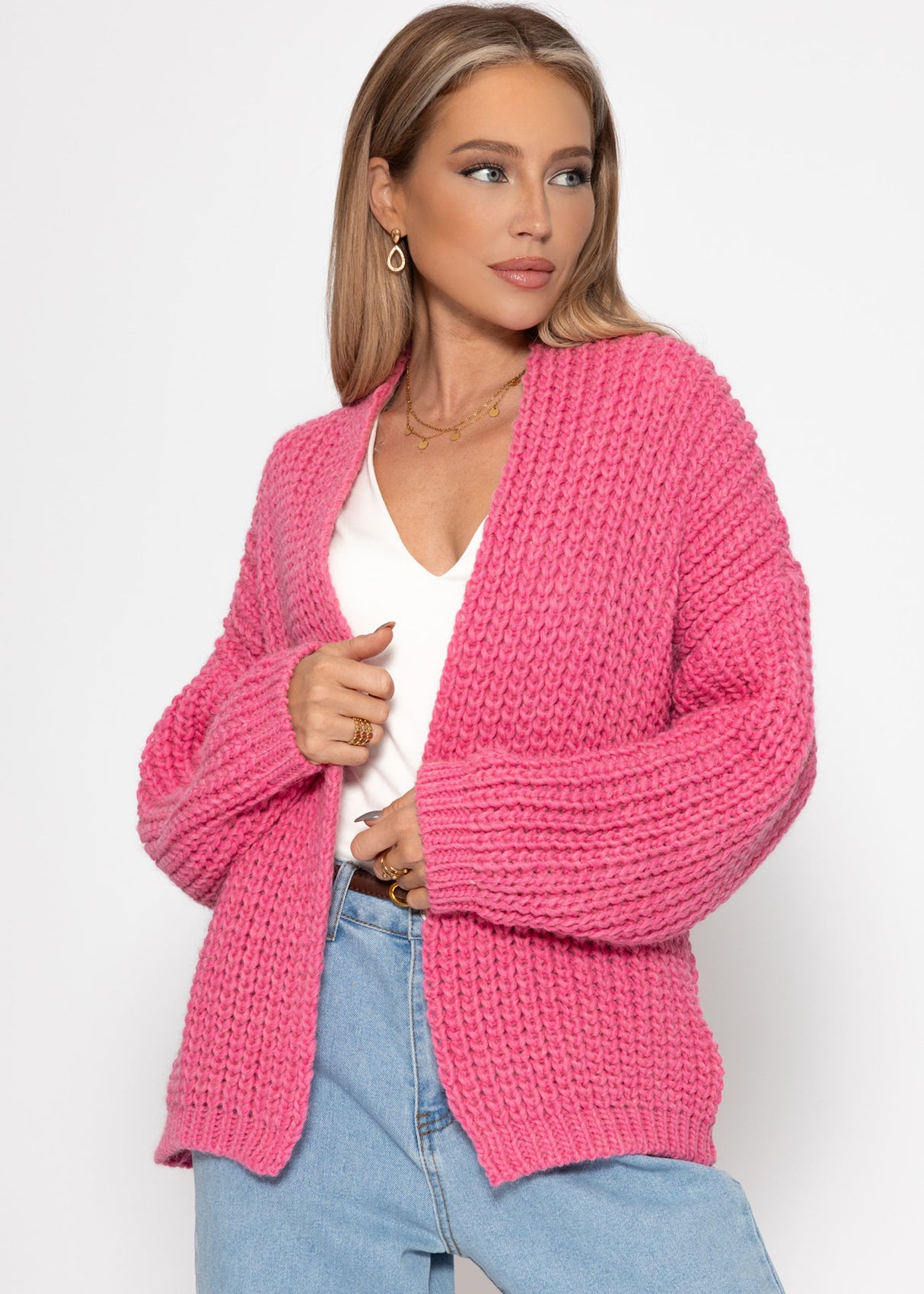 Open coarse -knit cardigan - pink