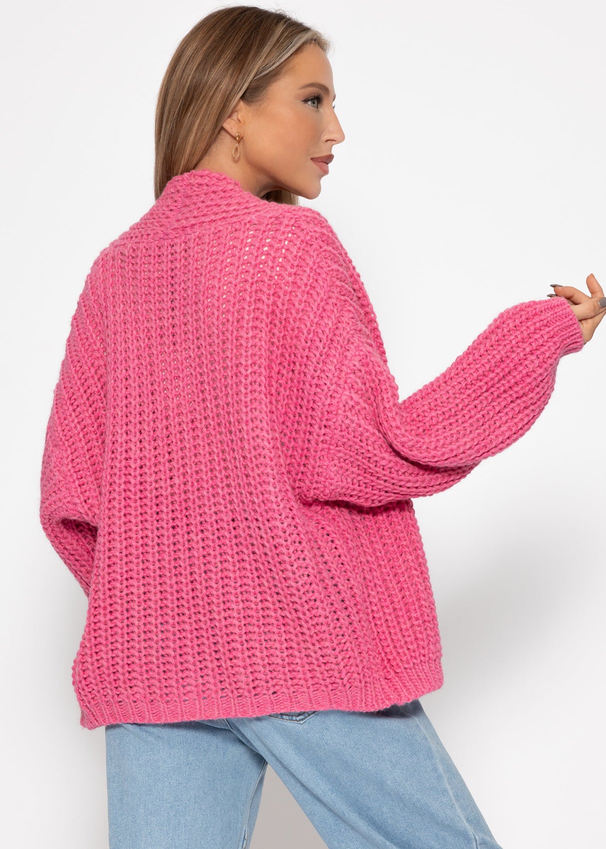 Open coarse -knit cardigan - pink