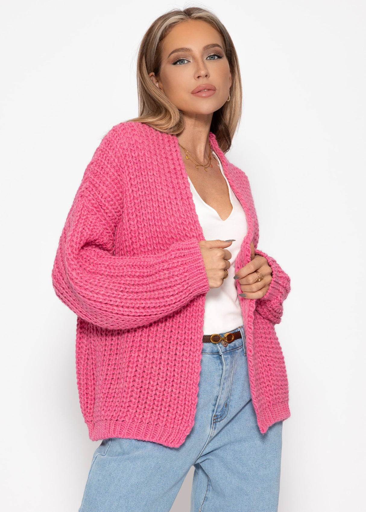 Open coarse -knit cardigan - pink