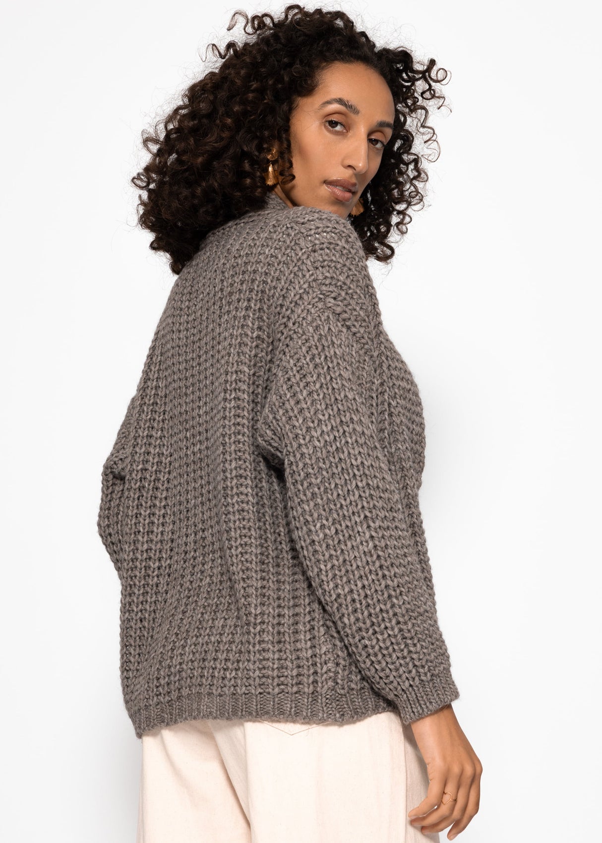 Open coarse -knit cardigan - taupe