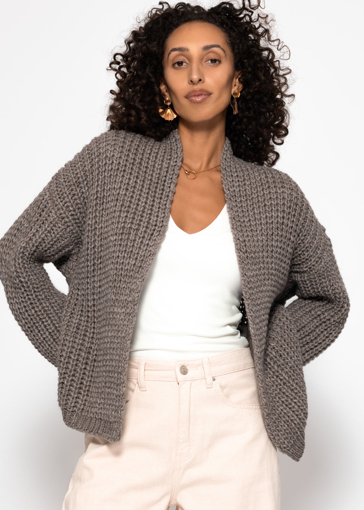Open coarse -knit cardigan - taupe