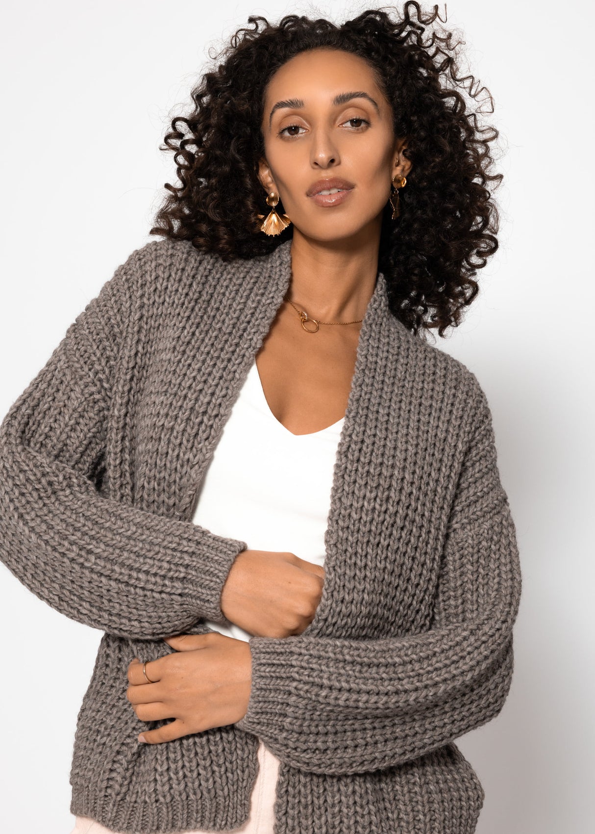 Open coarse -knit cardigan - taupe