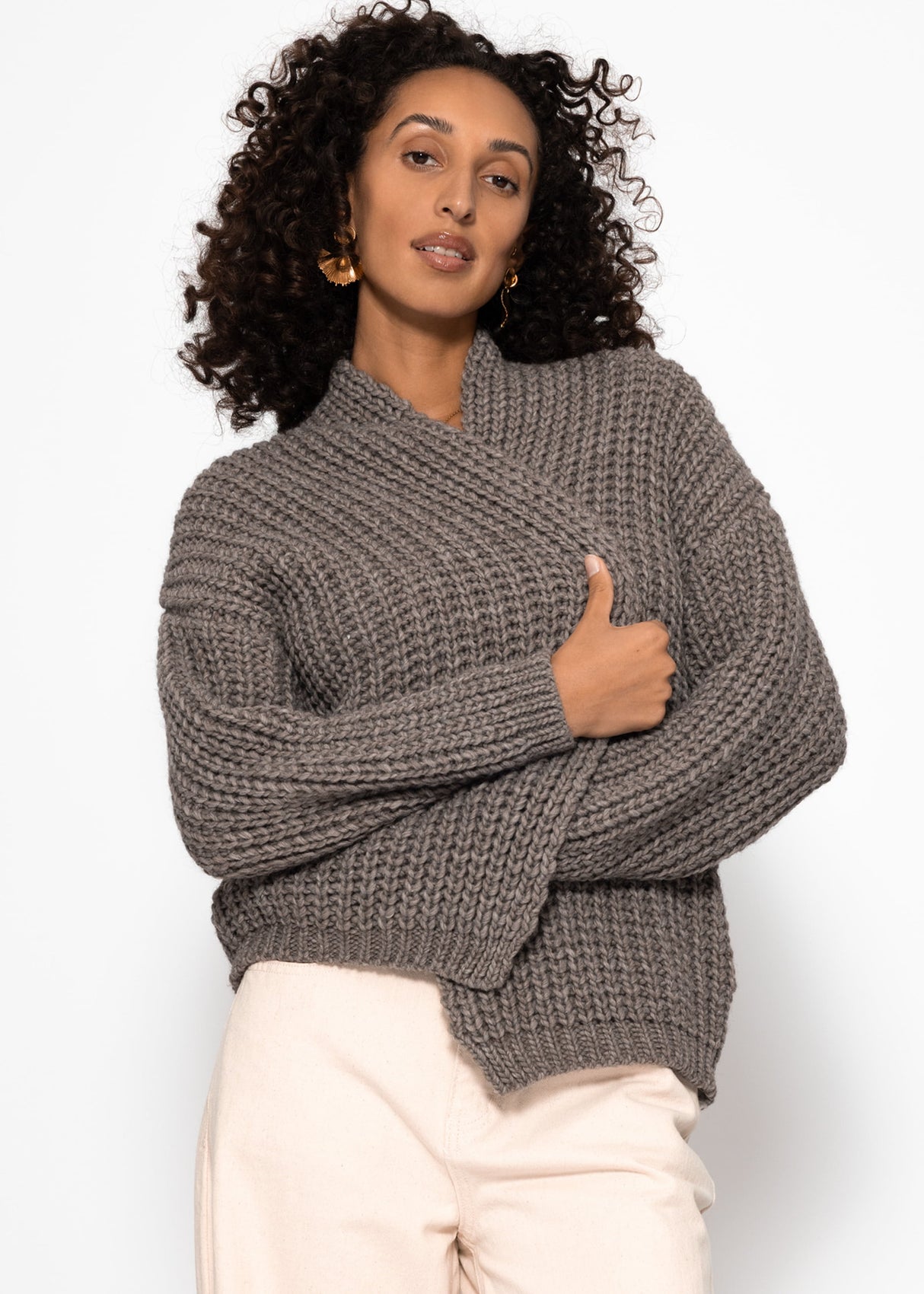 Open coarse -knit cardigan - taupe