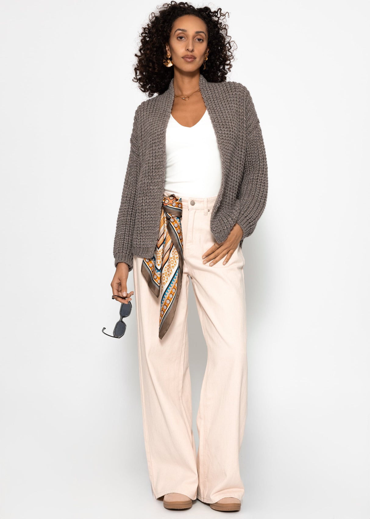Open coarse -knit cardigan - taupe