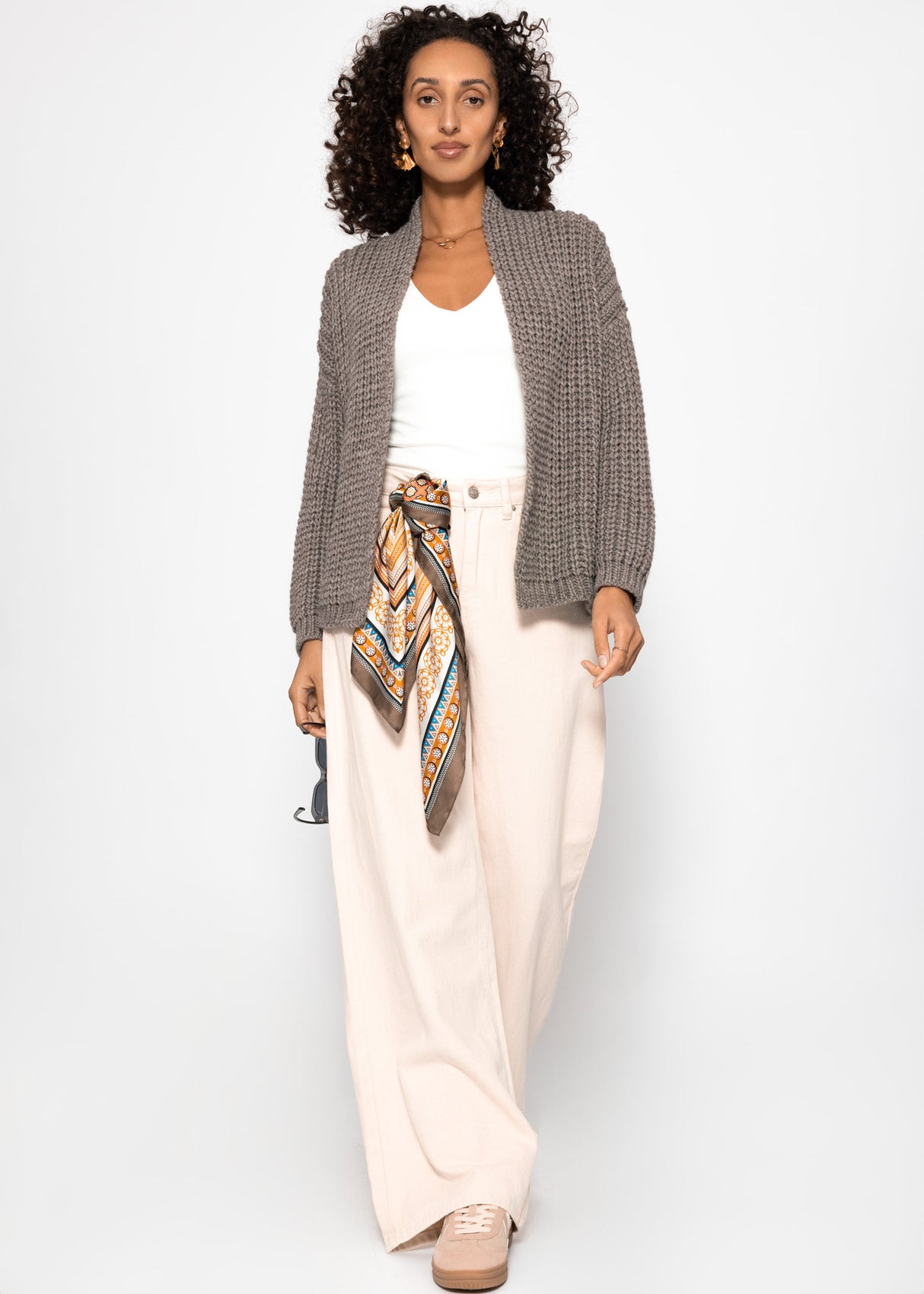 Open coarse -knit cardigan - taupe