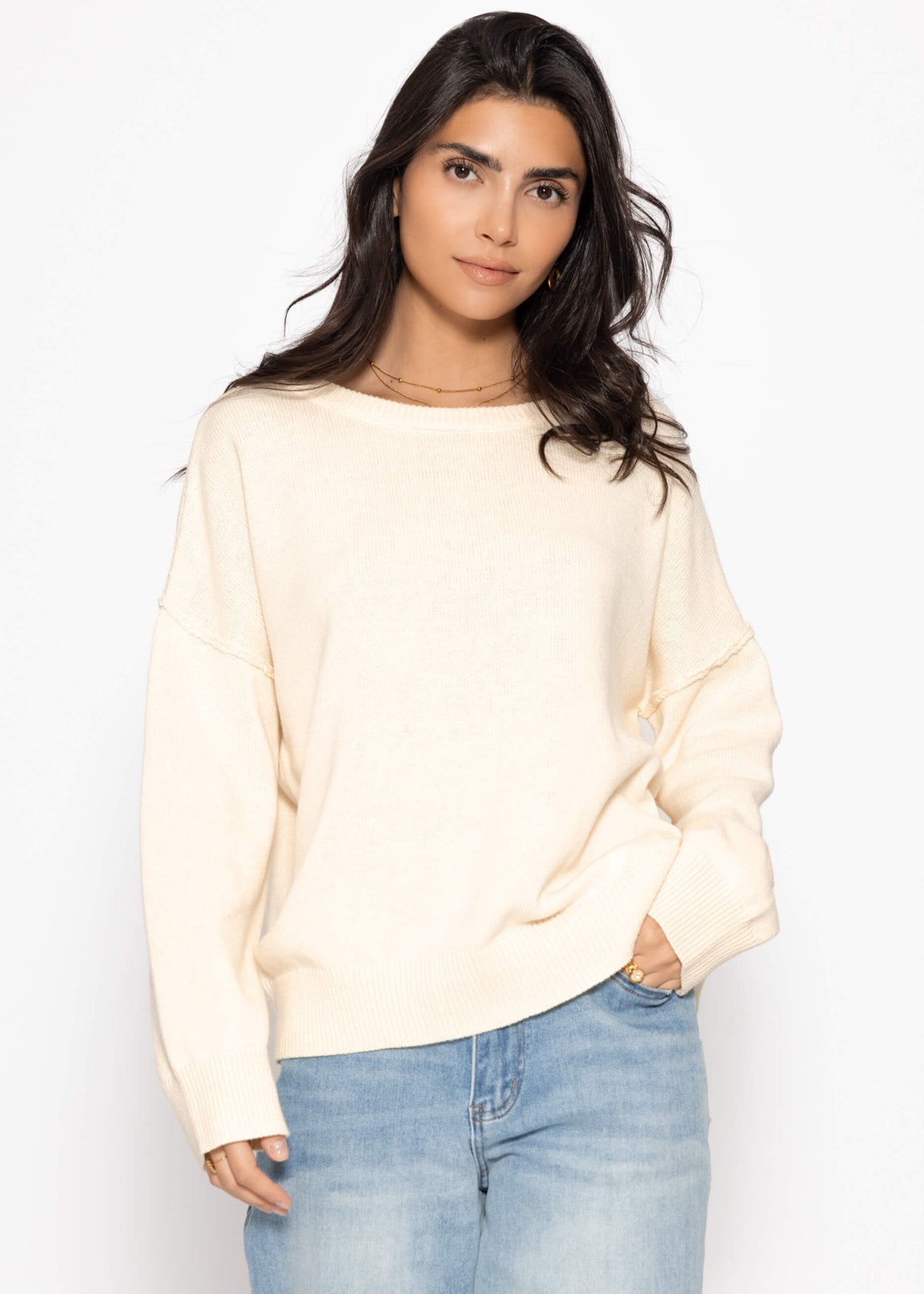 Oversized cotton sweater with back seam - cream