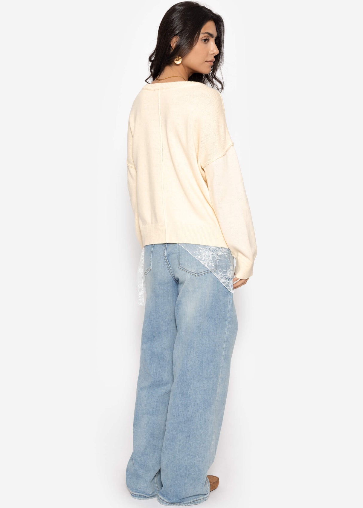 Oversized cotton sweater with back seam - cream