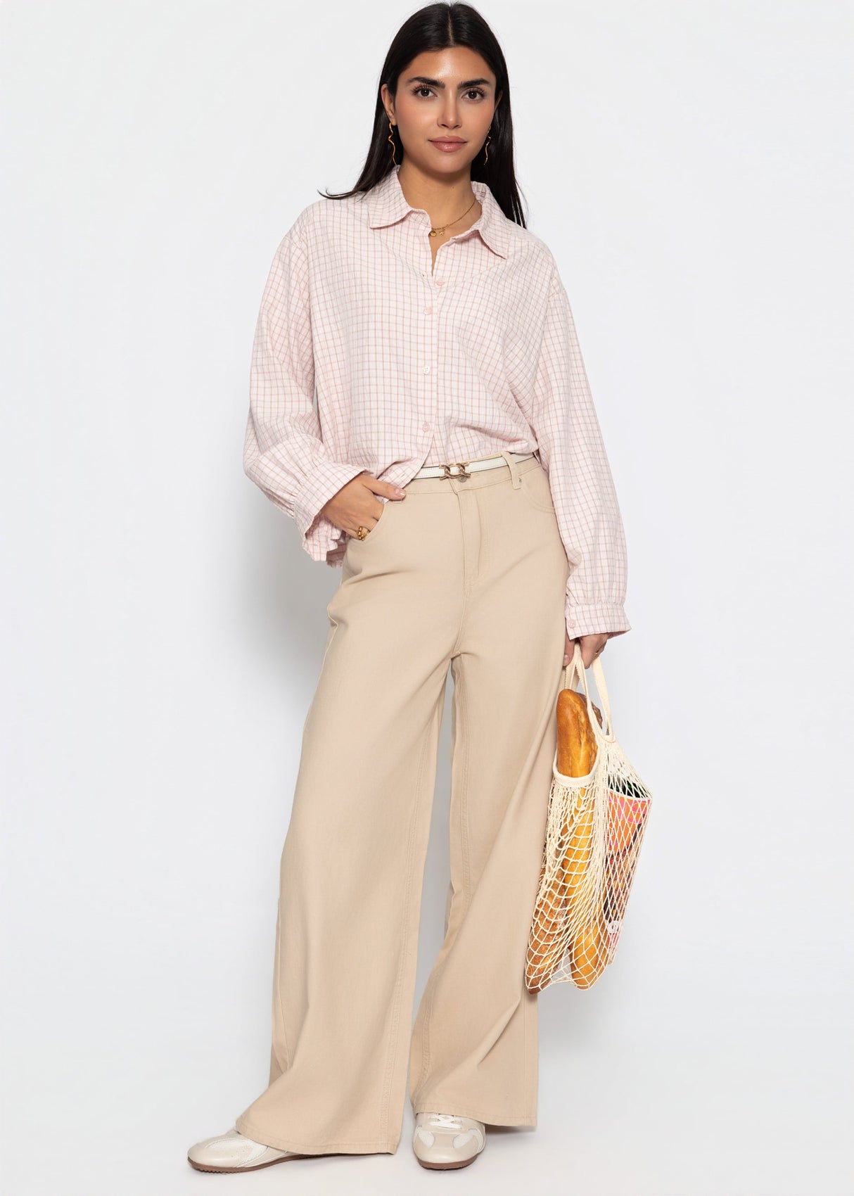 Oversize Bluse mit Karomuster - rosa