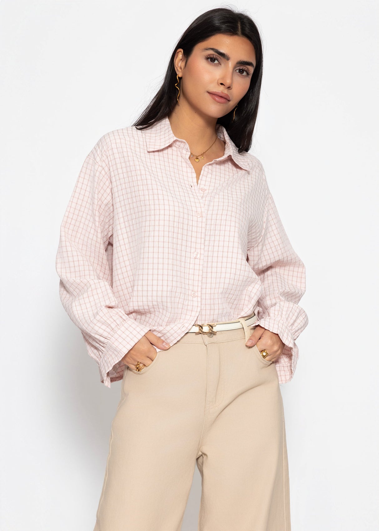 Oversize Bluse mit Karomuster - rosa