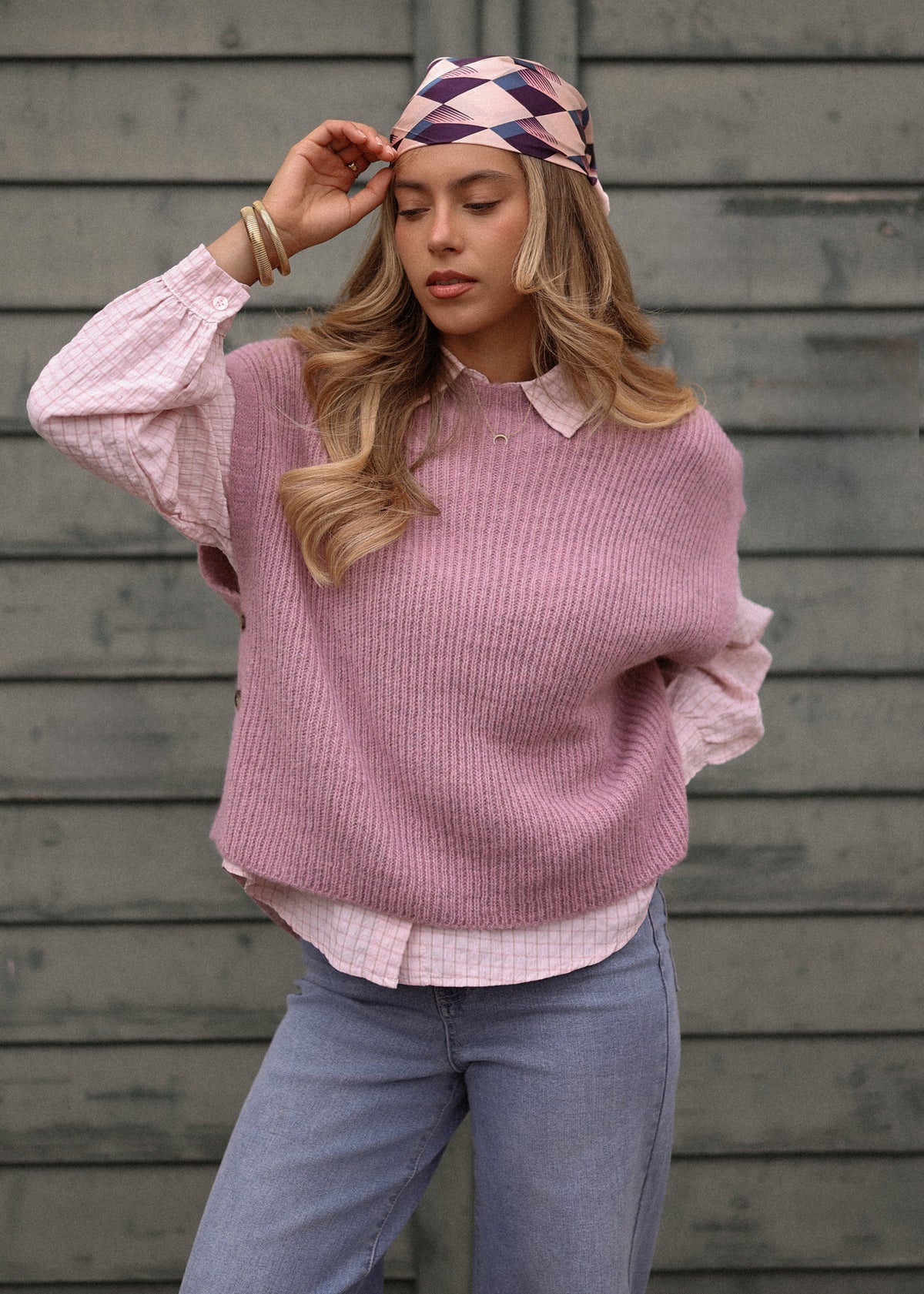 Oversize Bluse mit Karomuster - rosa