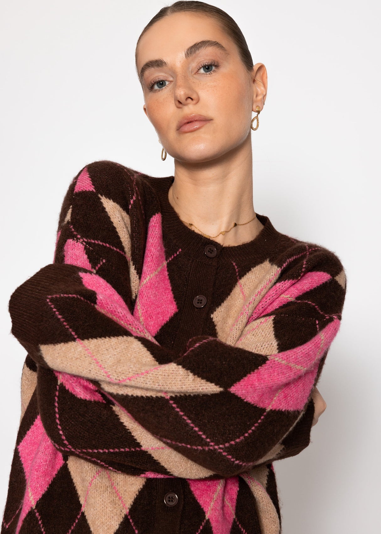 Oversize Cardigan mit Rautenmuster - braun-pink