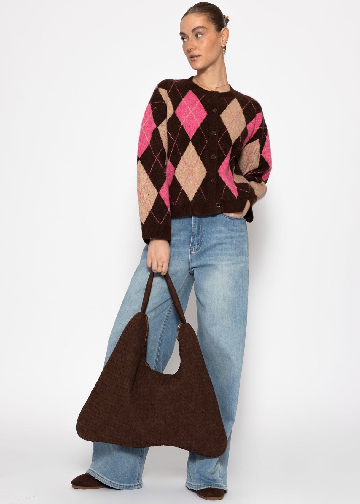 Oversize Cardigan mit Rautenmuster - braun-pink