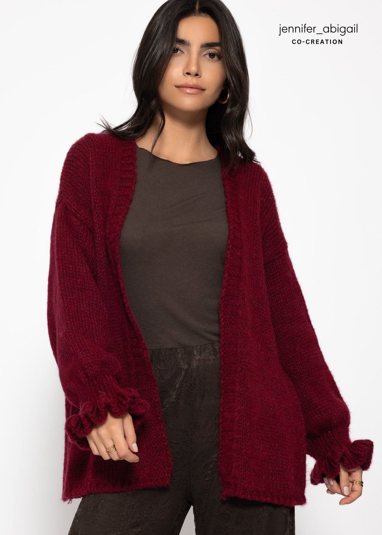 Oversize Cardigan mit Volantärmeln - burgundy
