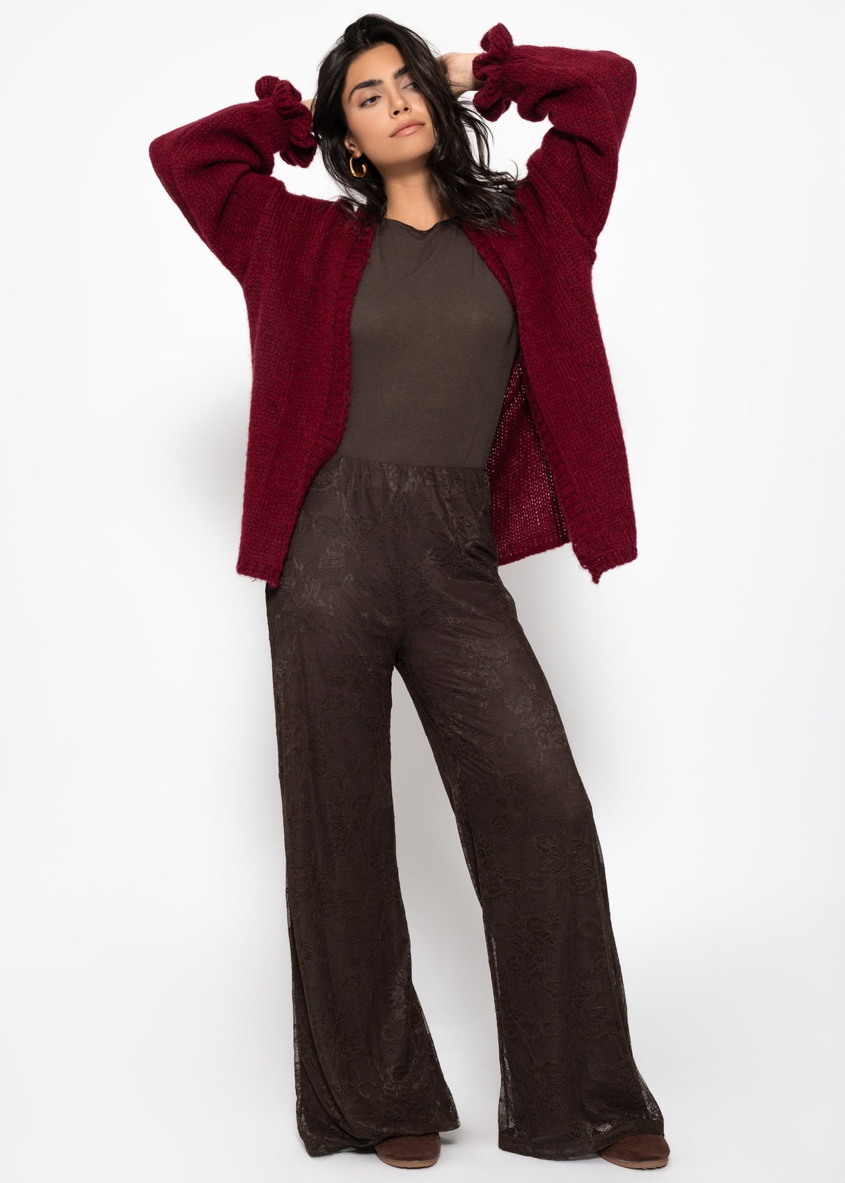 Oversize Cardigan mit Volantärmeln - burgundy