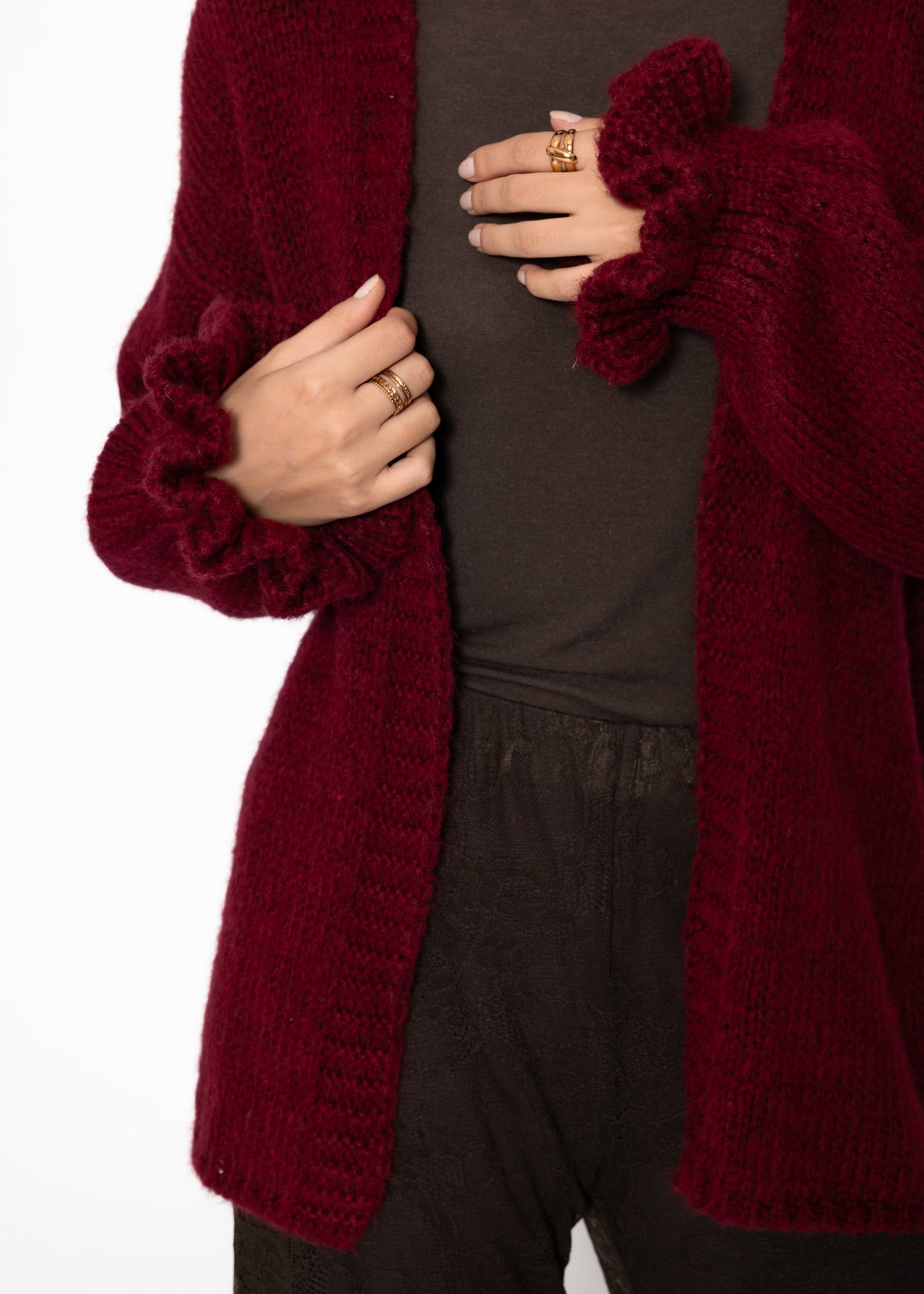 Oversize Cardigan mit Volantärmeln - burgundy