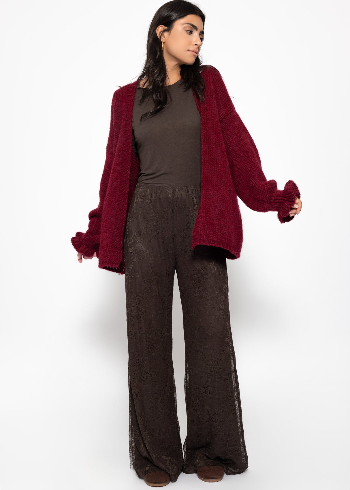 Oversize Cardigan mit Volantärmeln - burgundy