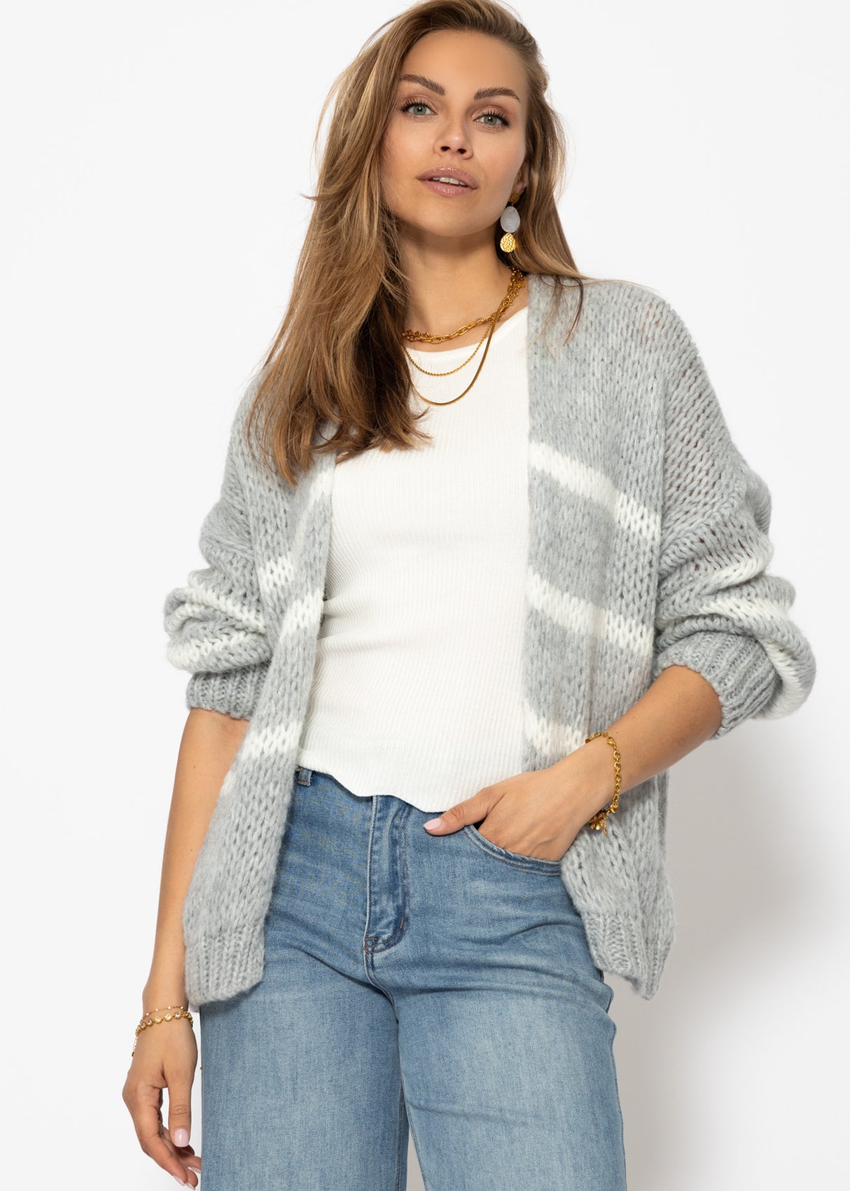 Oversize Cardigan mit weißen Streifen, hellgrau