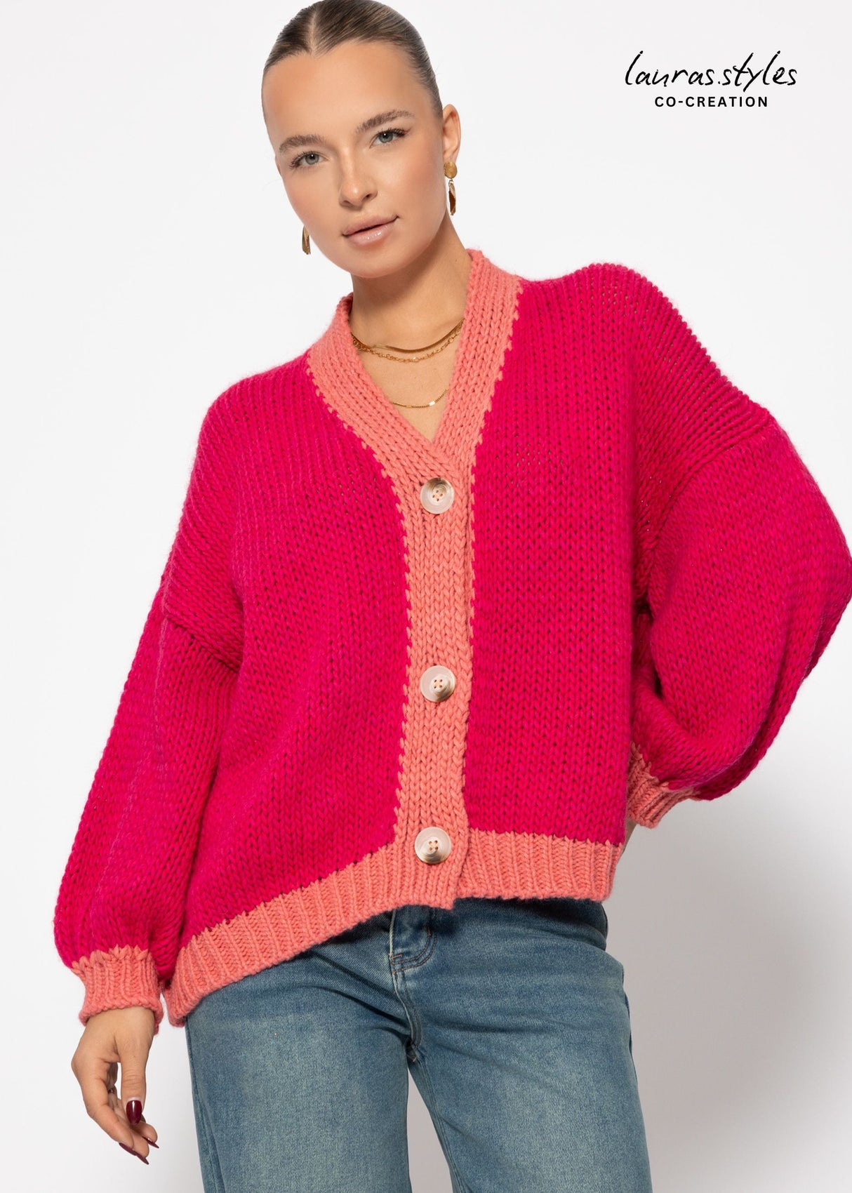 Oversize cardigan with contrast details - pink