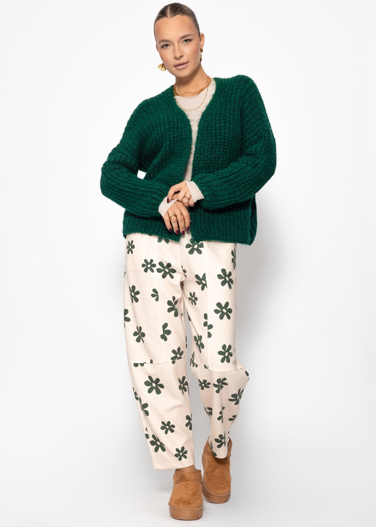 Oversized cardigan with ribbed texture - dark green