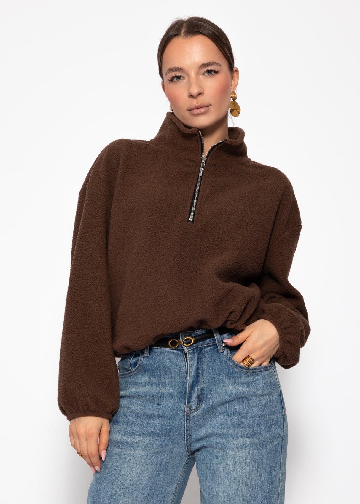 Oversized fleece sweatshirt with zipper - brown