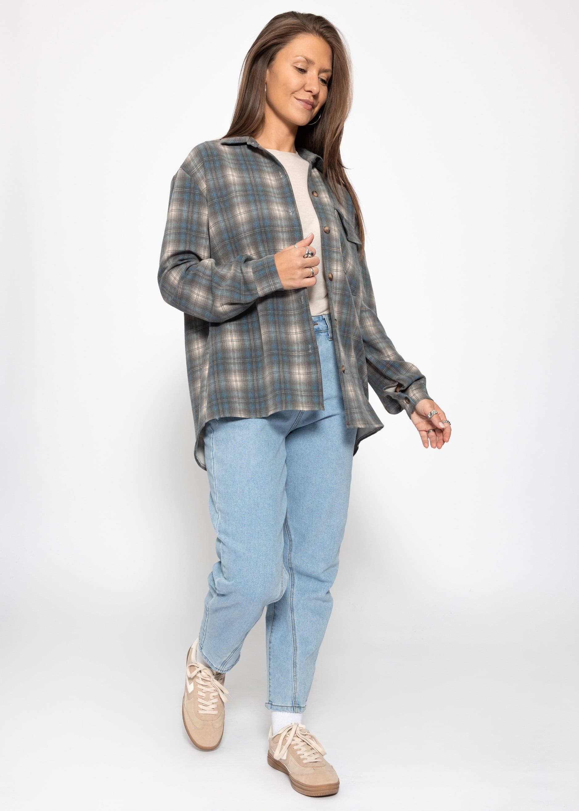 Oversized checked shirt blouse - gray