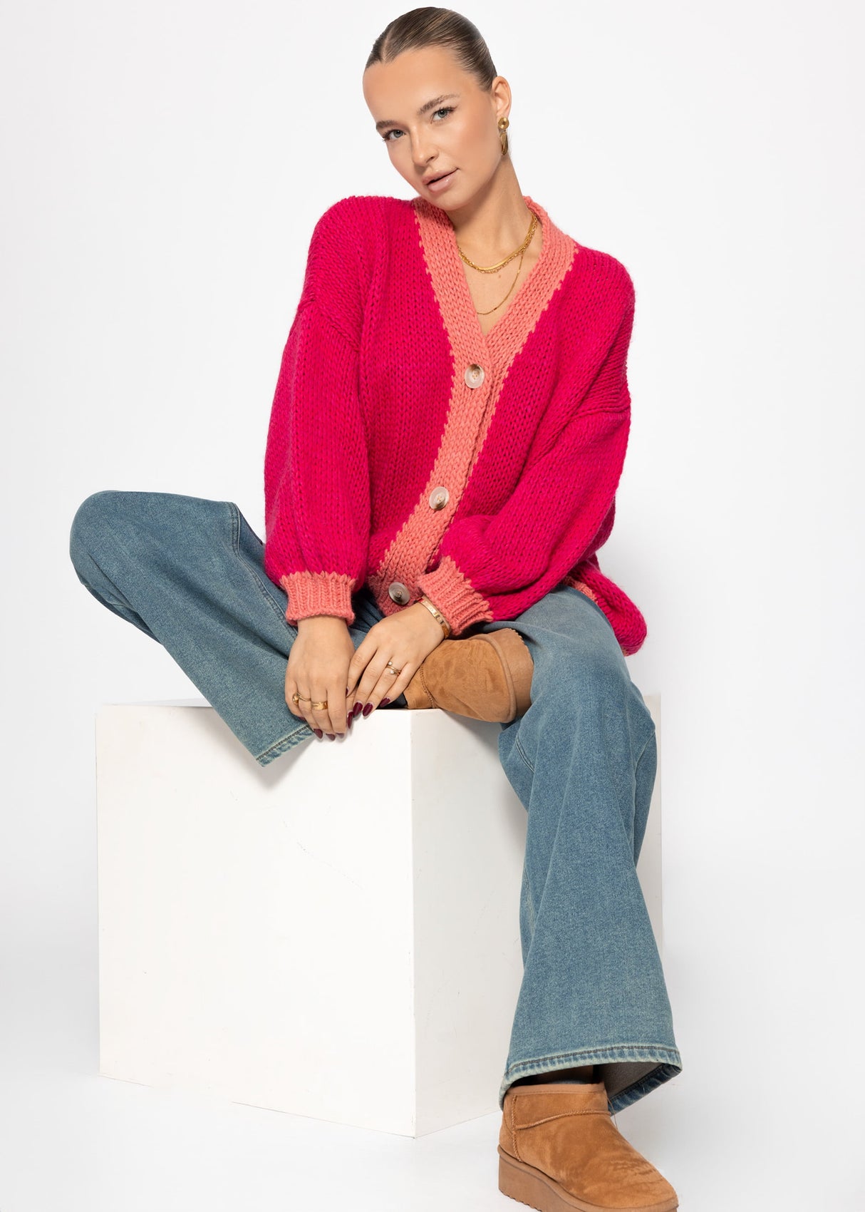 Oversize cardigan with contrast details - pink