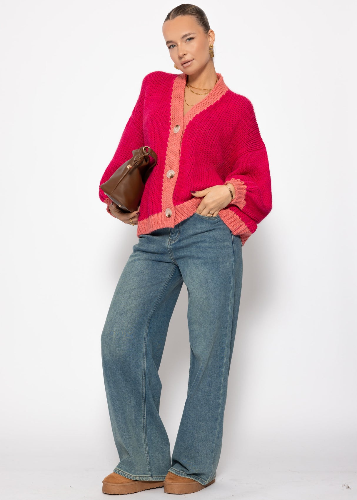 Oversize cardigan with contrast details - pink