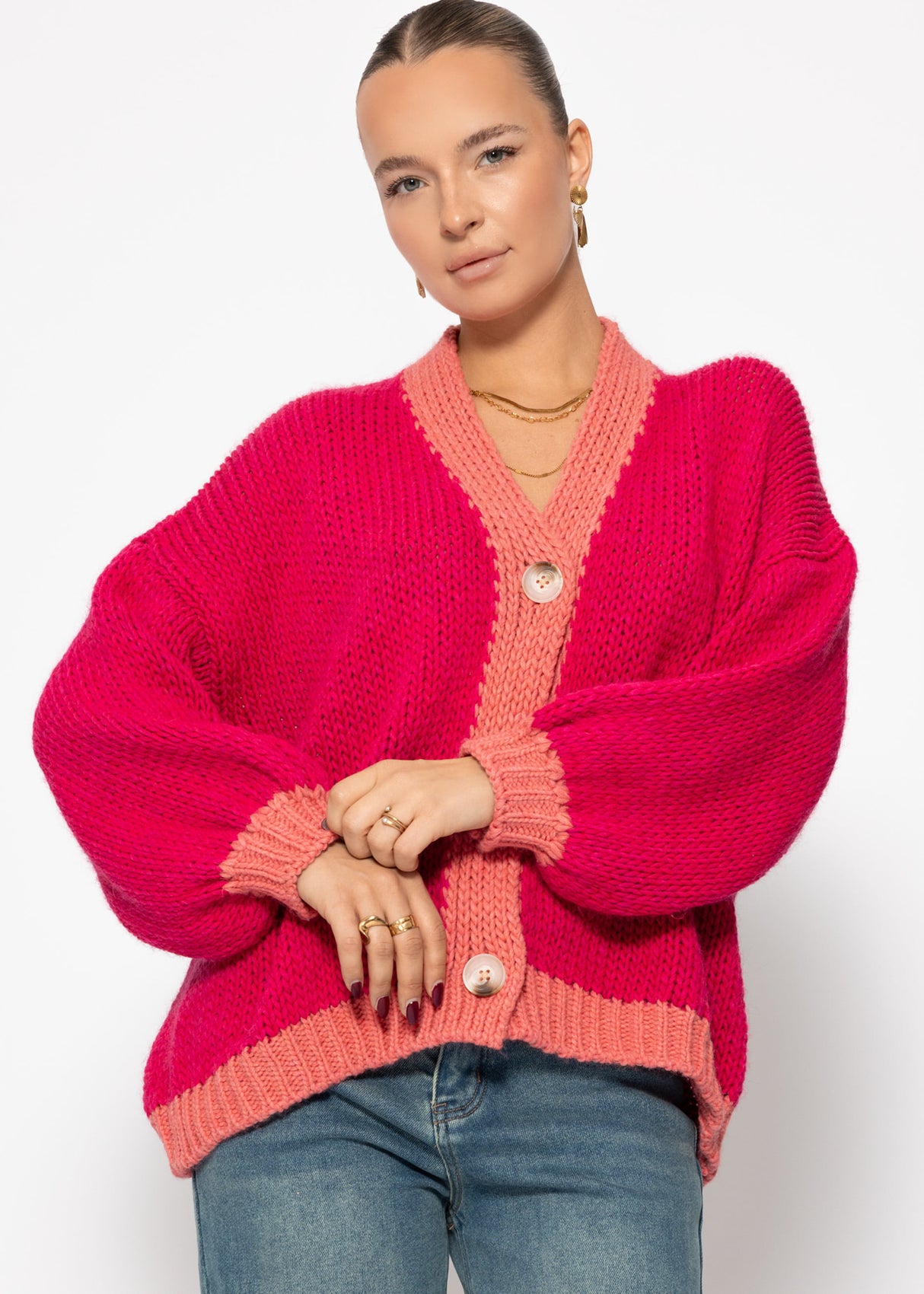Oversize cardigan with contrast details - pink
