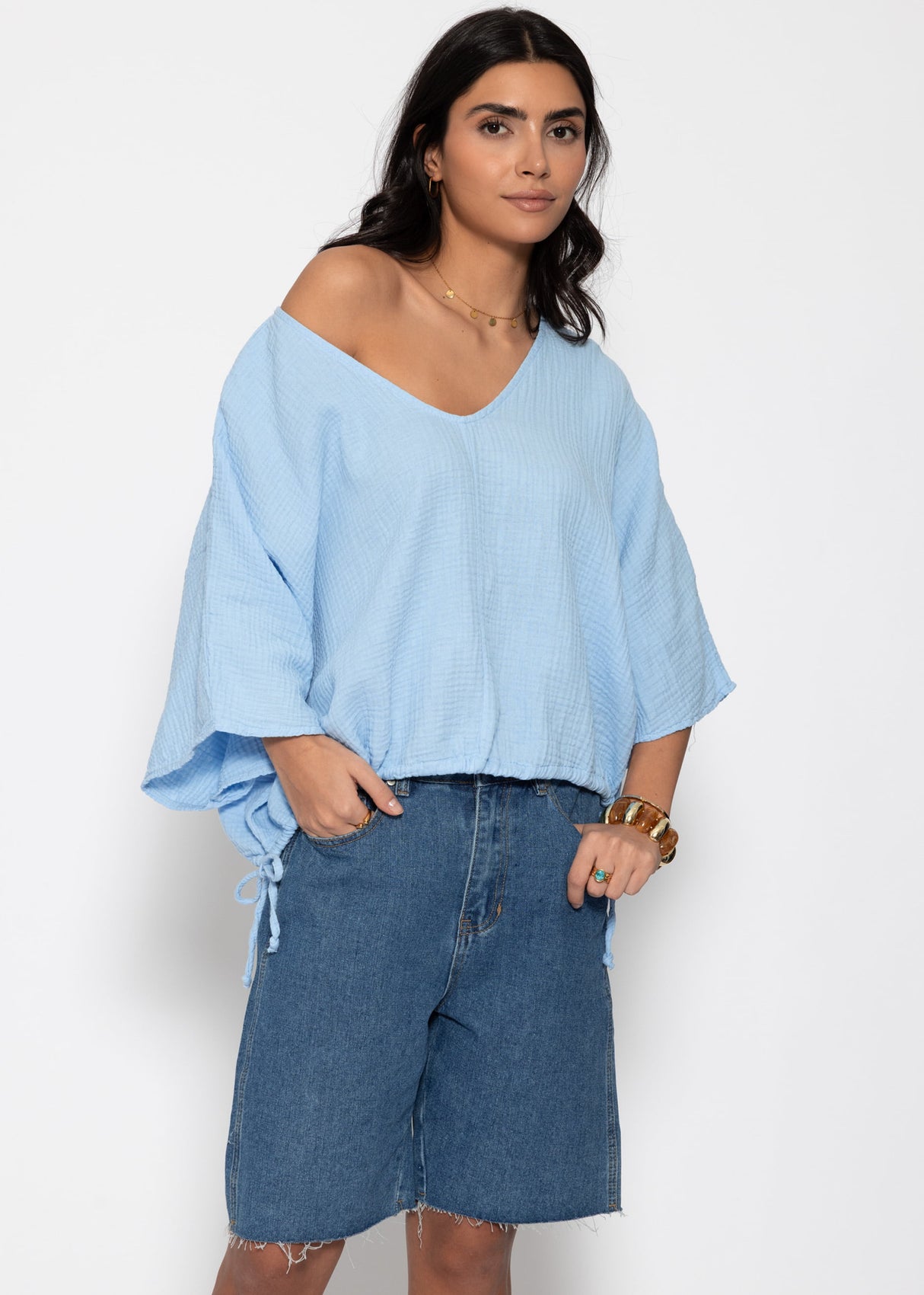 Oversized muslin shirt with drawstring - light blue