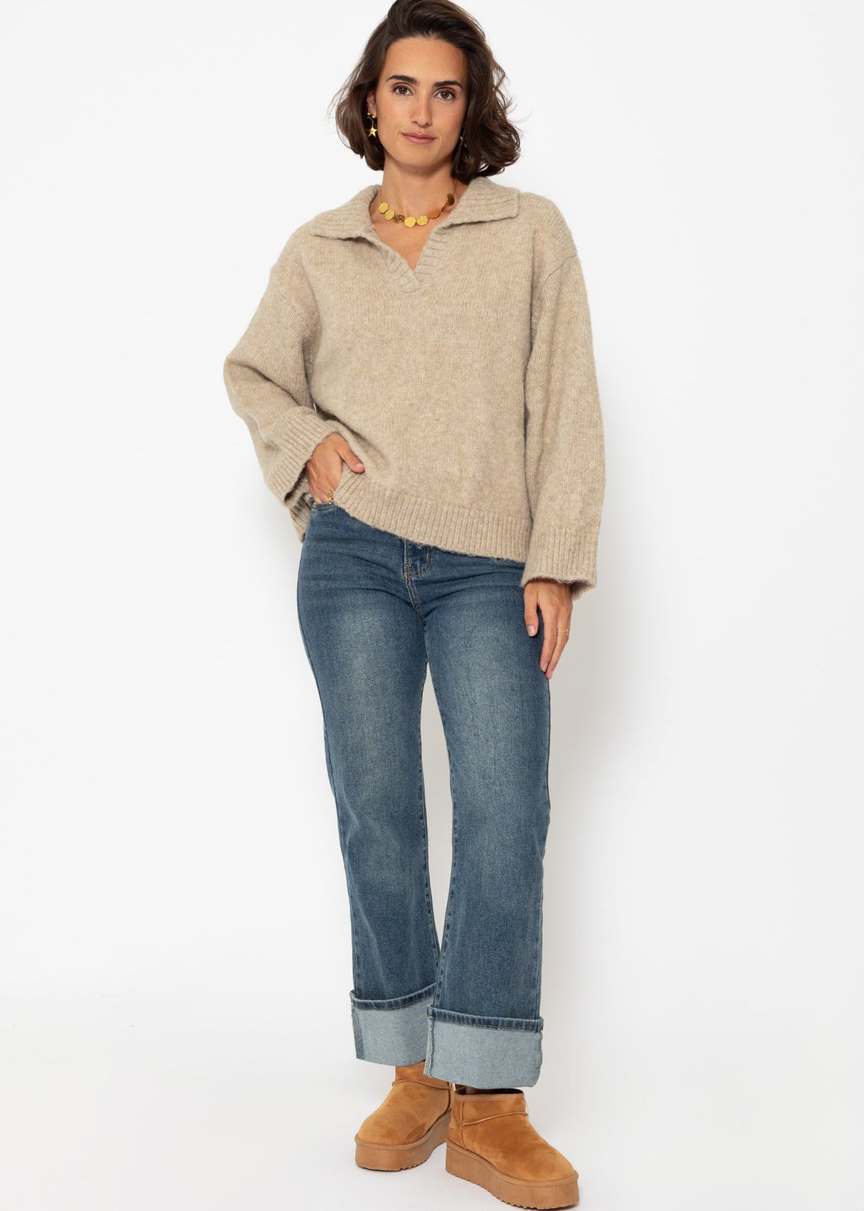 Oversized collared sweater - beige