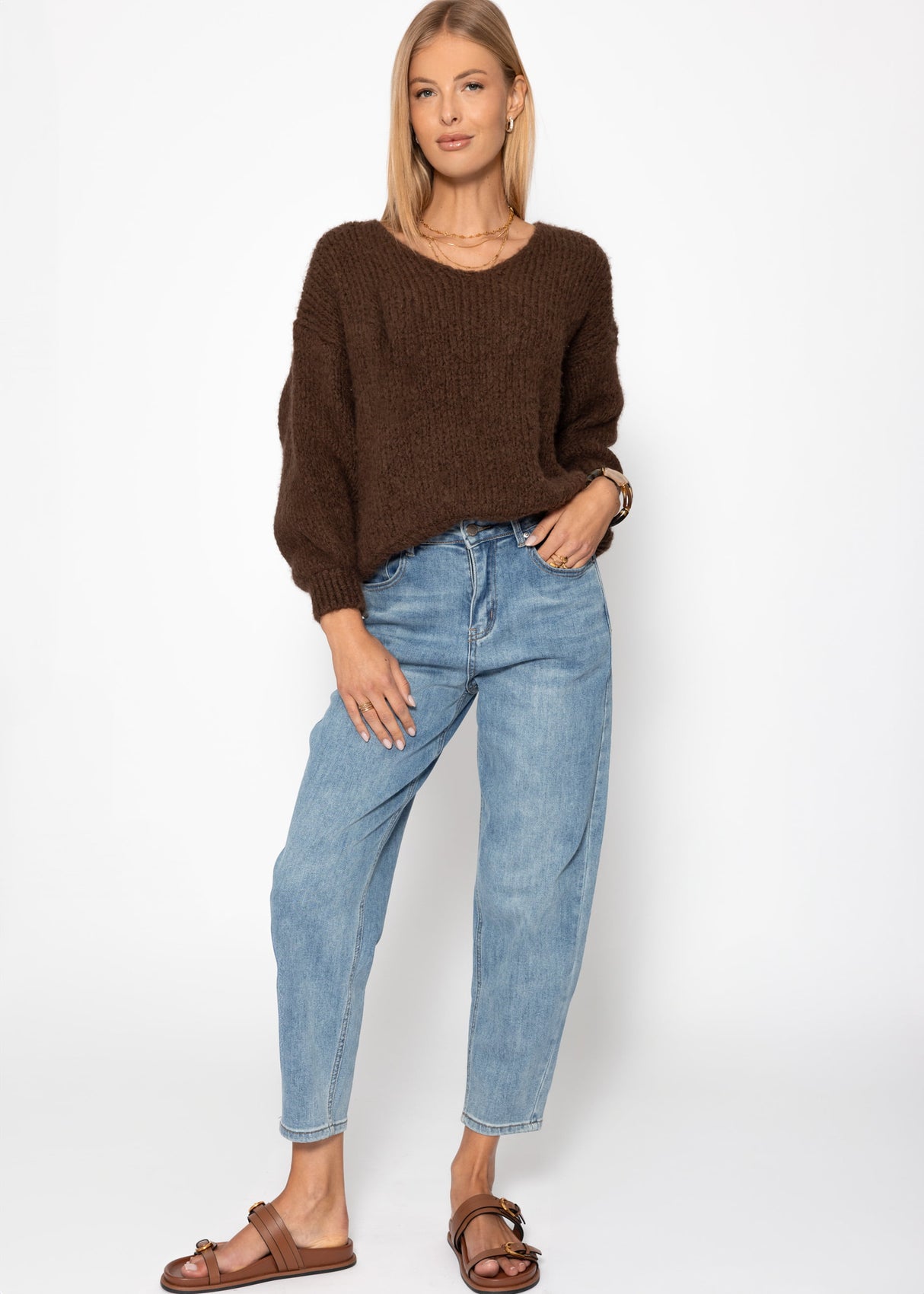 Oversize Pullover mit V-Ausschnitt - braun