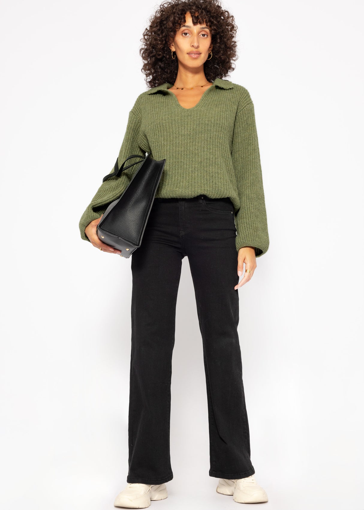 Oversized V-neck sweater with collar - khaki