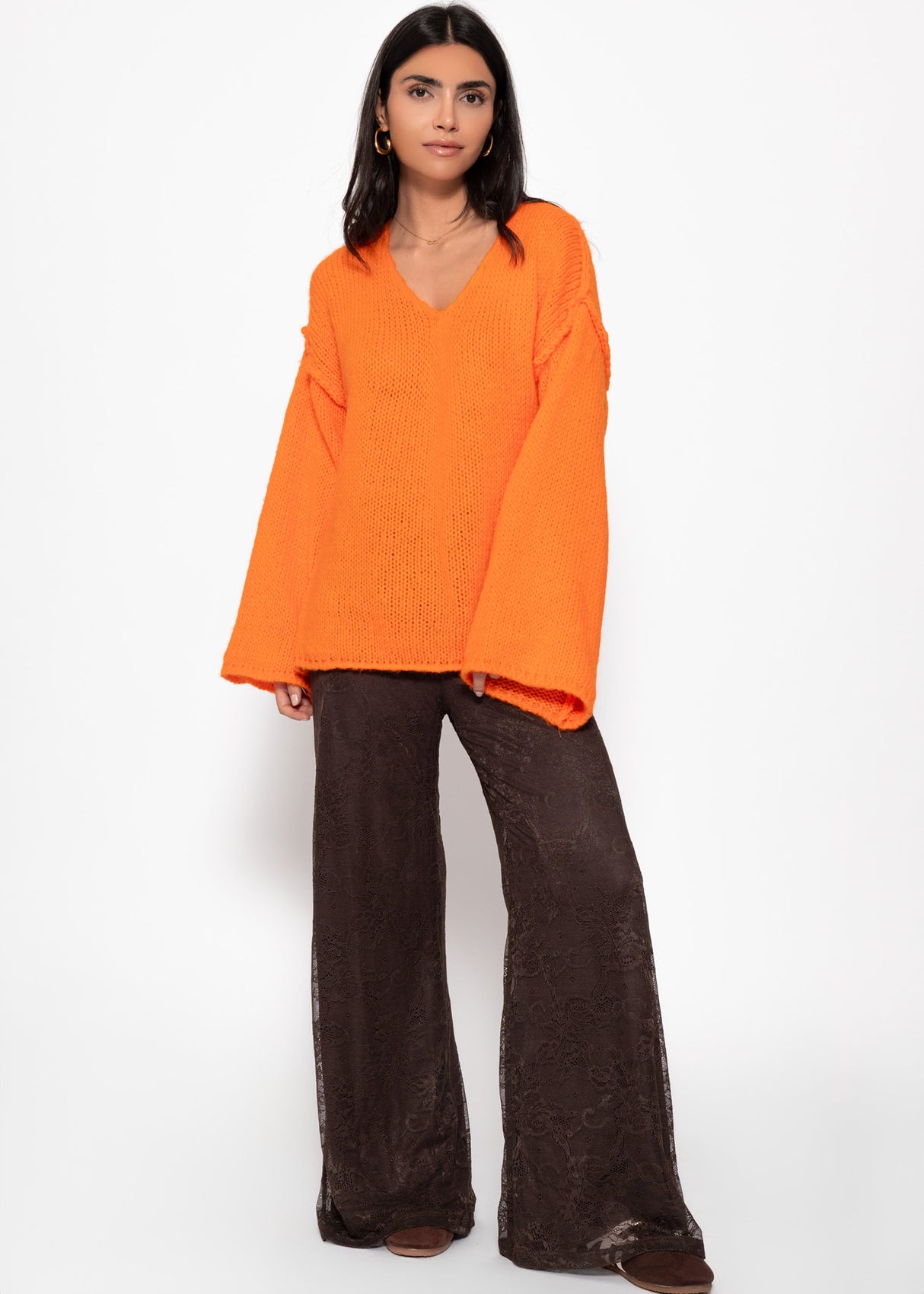 Oversize Pullover mit V-Neck und weiten Ärmeln - orange