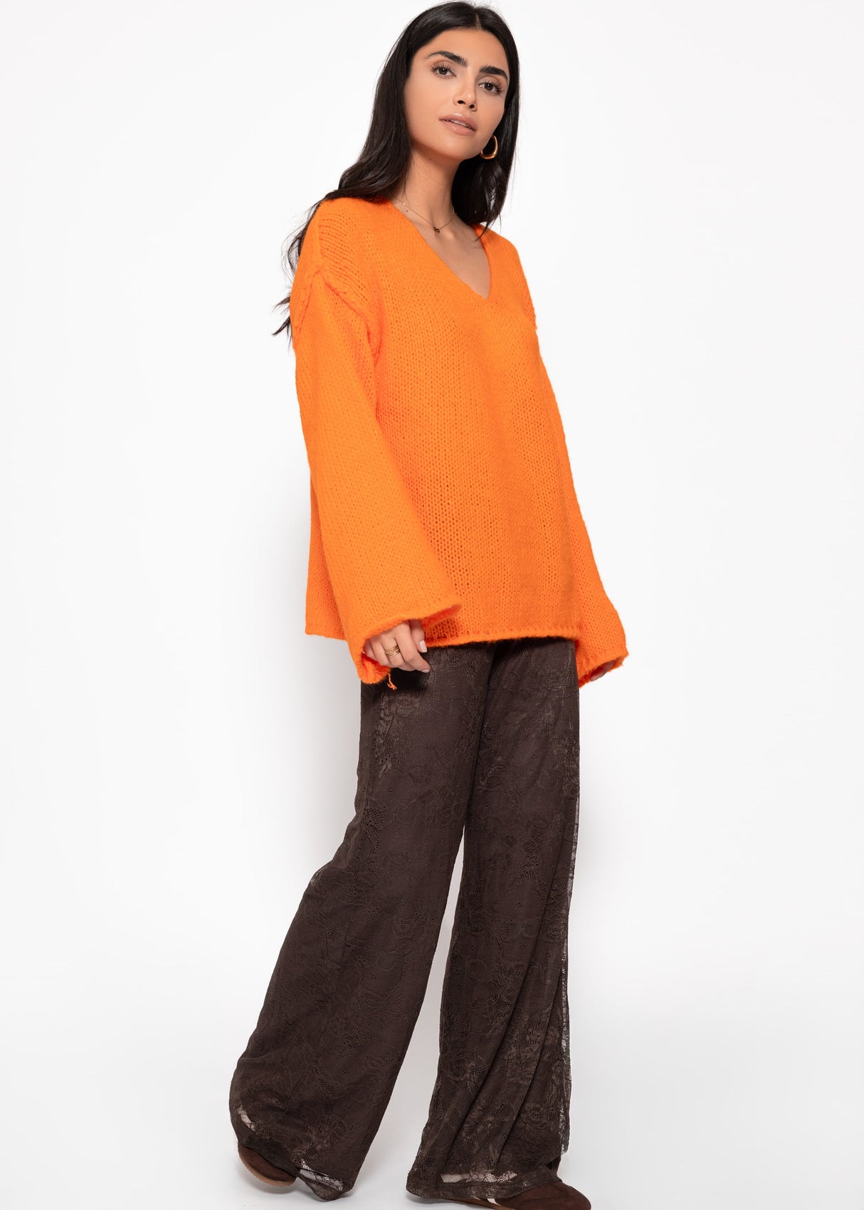 Oversize Pullover mit V-Neck und weiten Ärmeln - orange