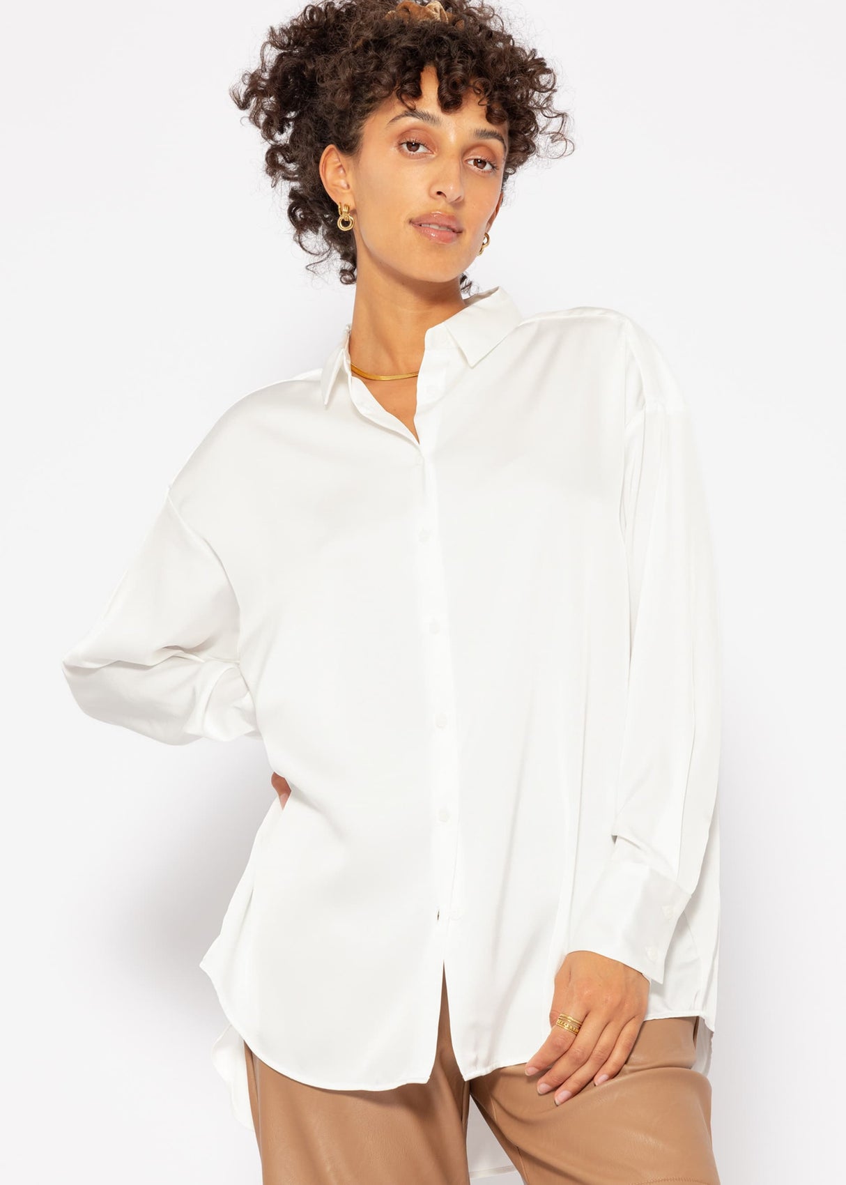 Casual, flowing satin blouse - off-white