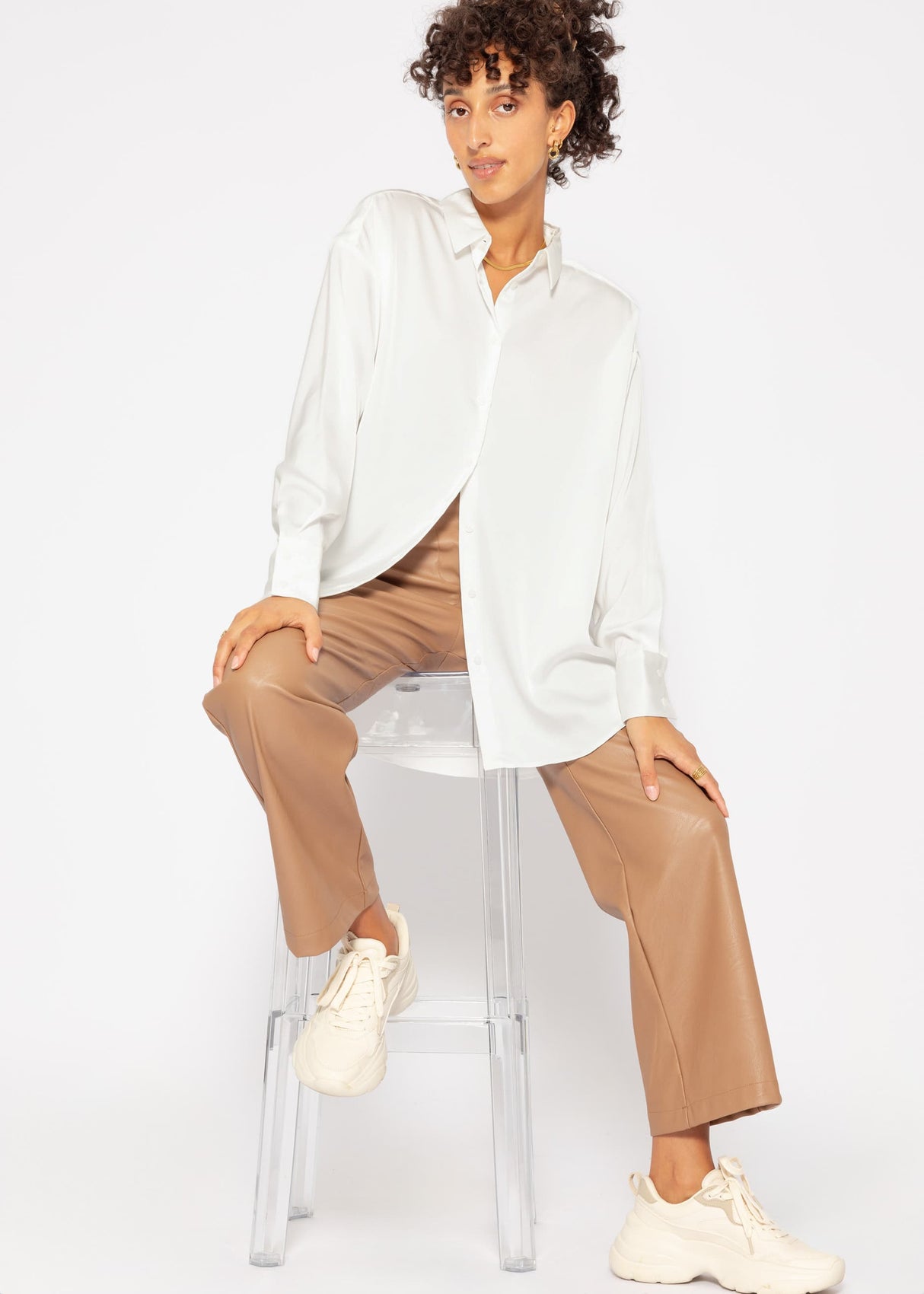 Casual, flowing satin blouse - off-white