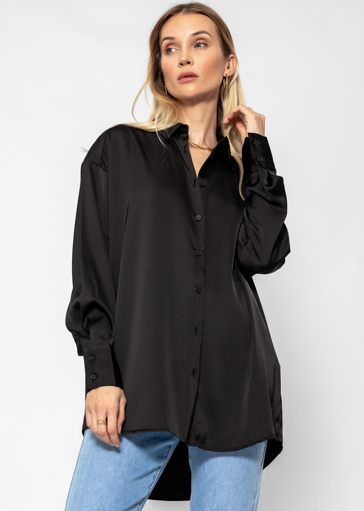 Casual, flowing satin blouse - black
