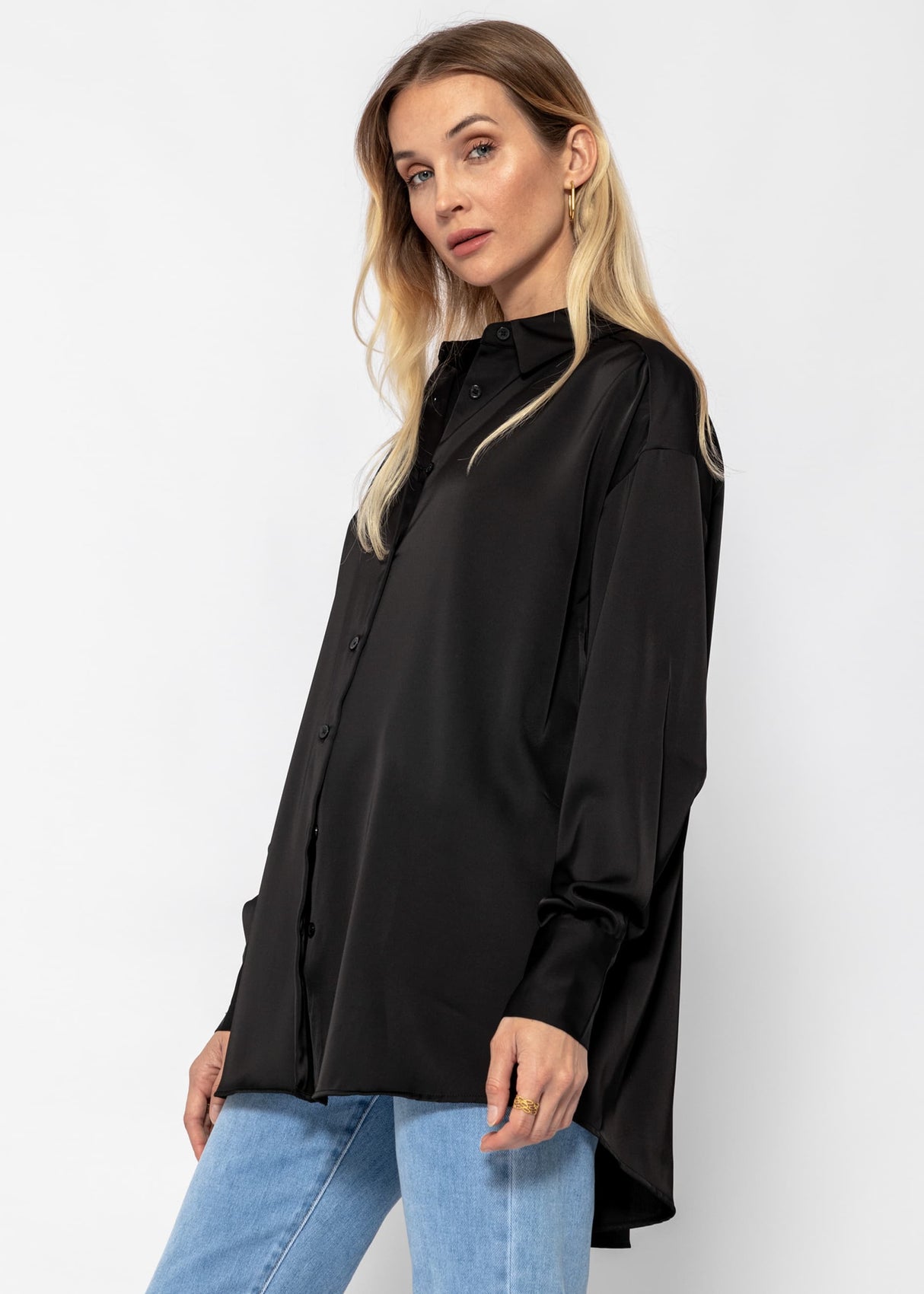 Casual, flowing satin blouse - black