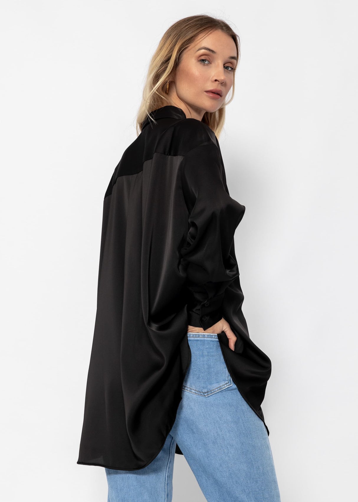 Casual, flowing satin blouse - black
