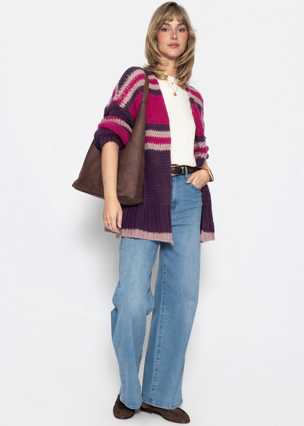 Oversize Strickjacke mit Streifen - pflaume