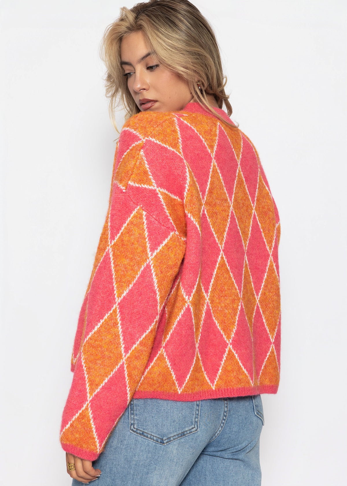 Oversize Strickpullover mit Rautenmuster - pink-orange