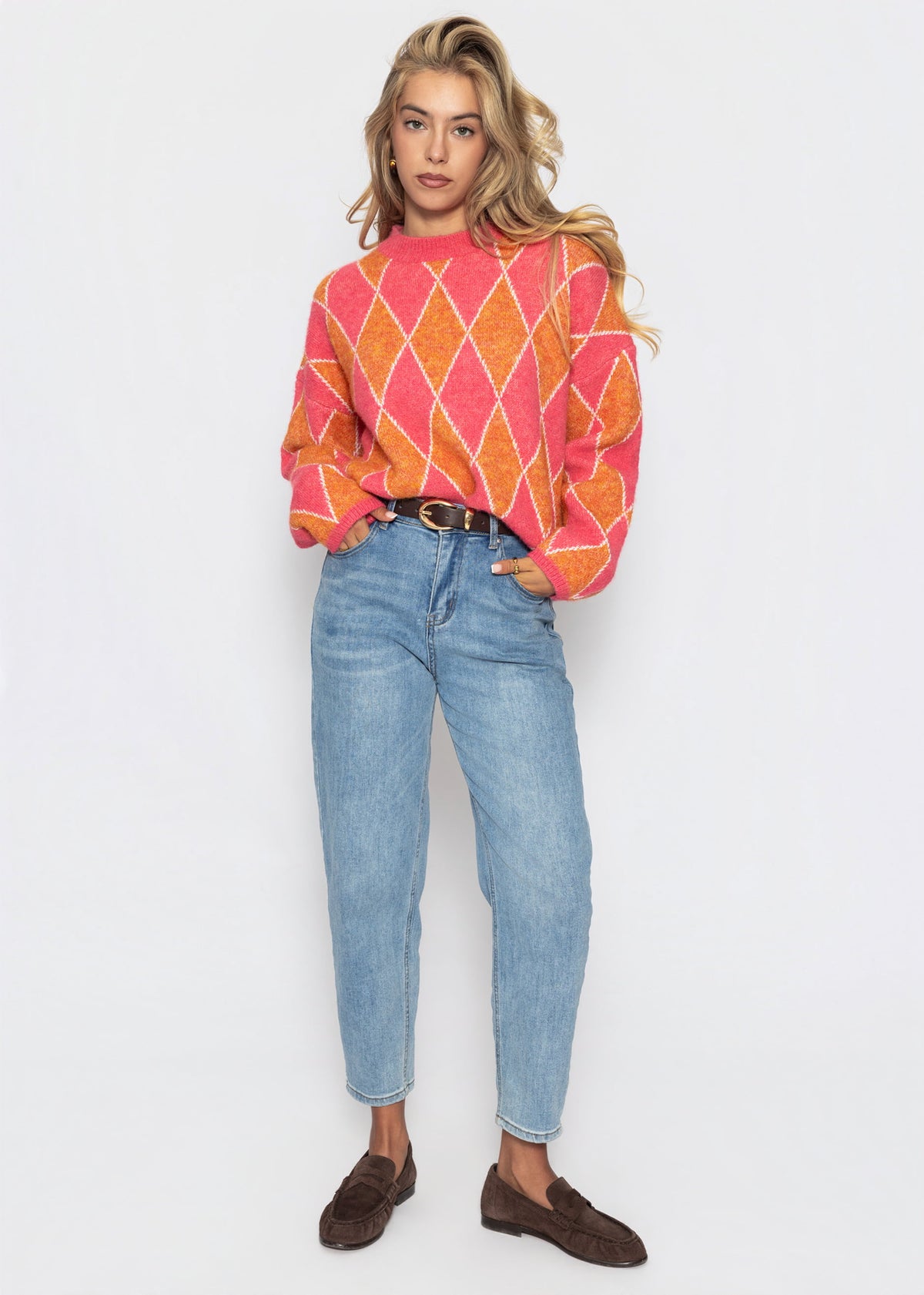 Oversize Strickpullover mit Rautenmuster - pink-orange