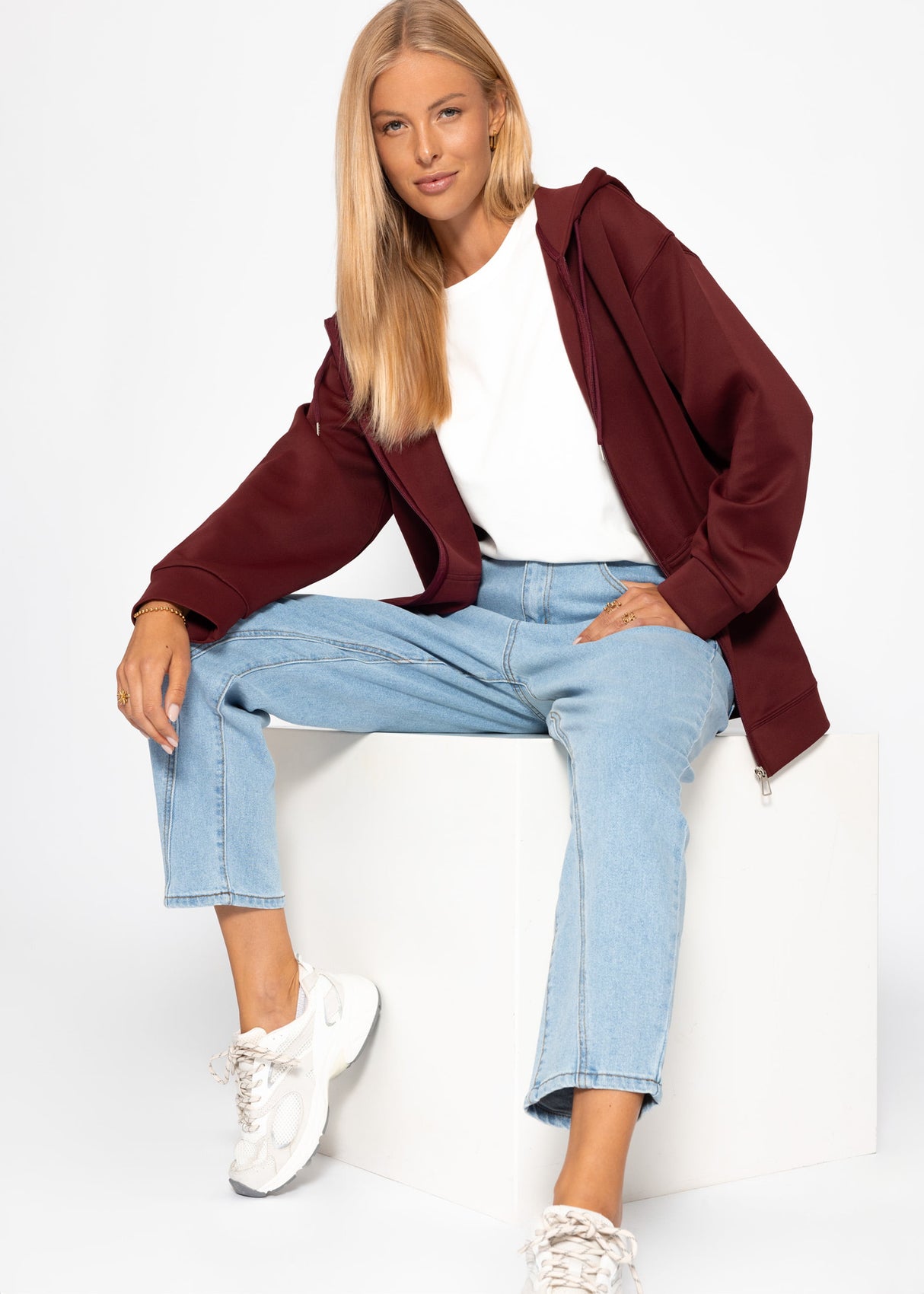 Oversize Sweatjacke mit Kapuze - burgundy