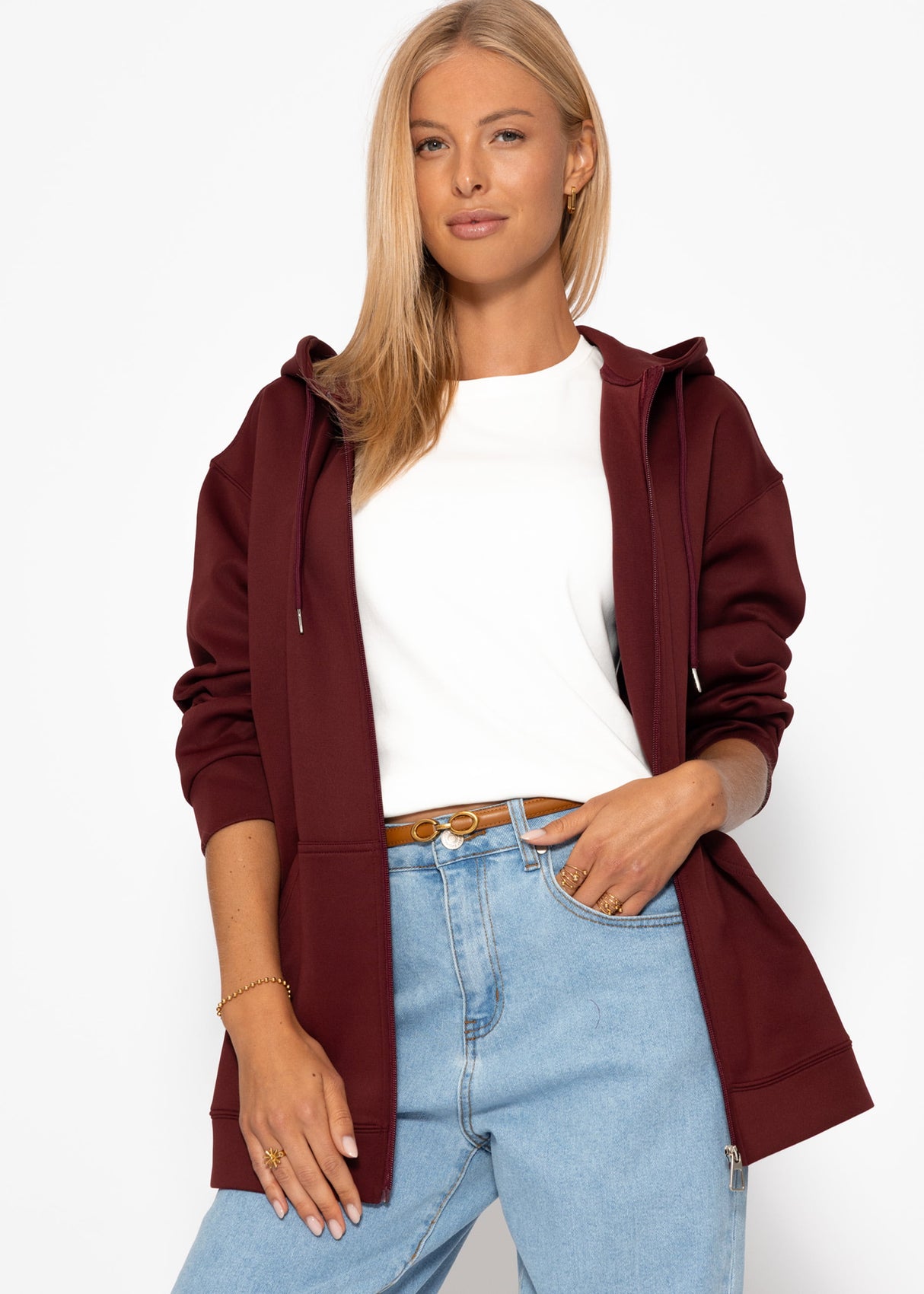 Oversize Sweatjacke mit Kapuze - burgundy