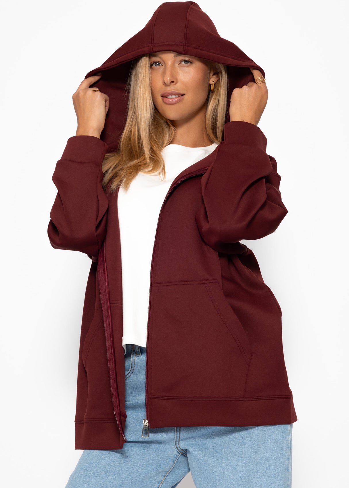 Oversize Sweatjacke mit Kapuze - burgundy