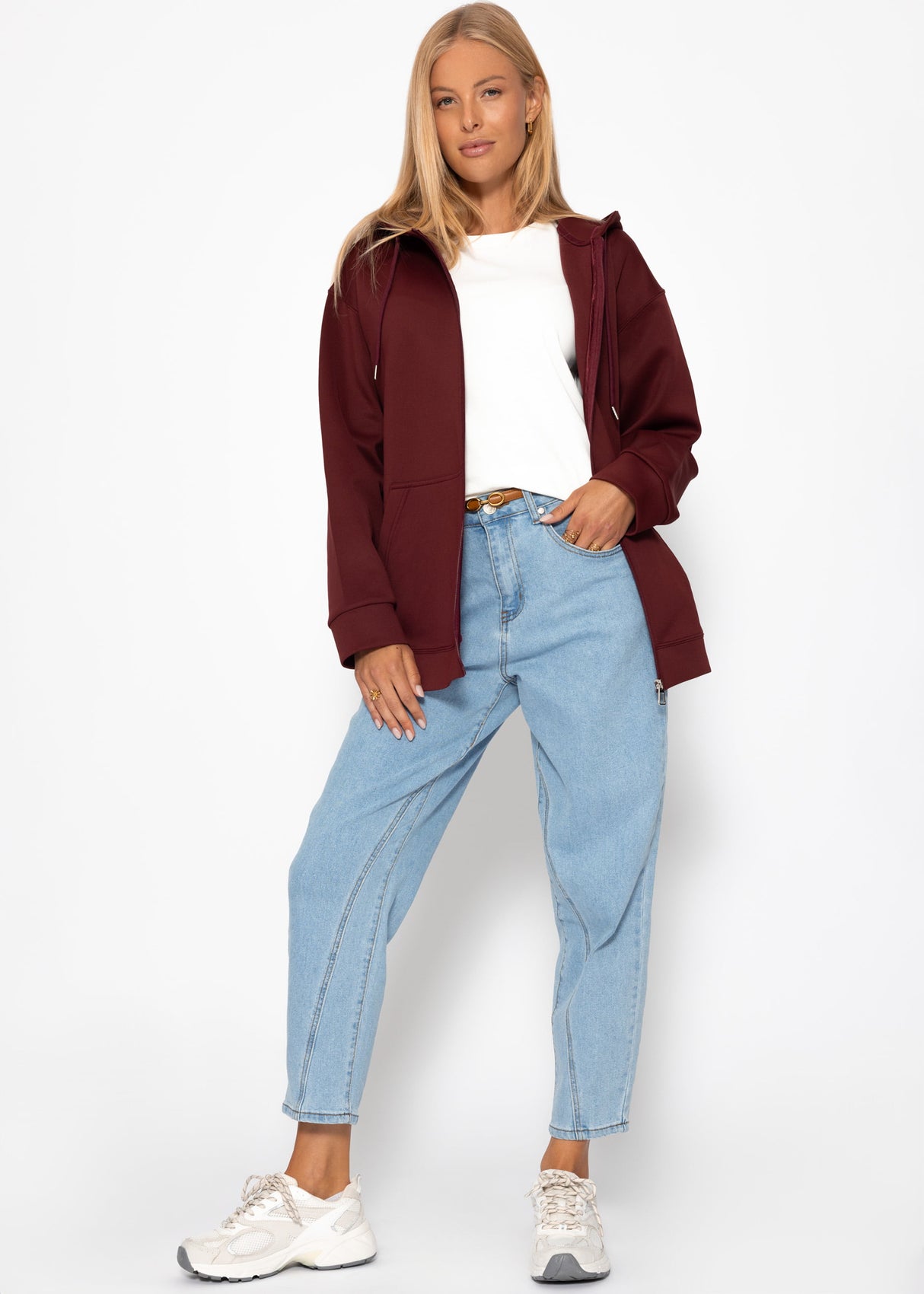 Oversize Sweatjacke mit Kapuze - burgundy