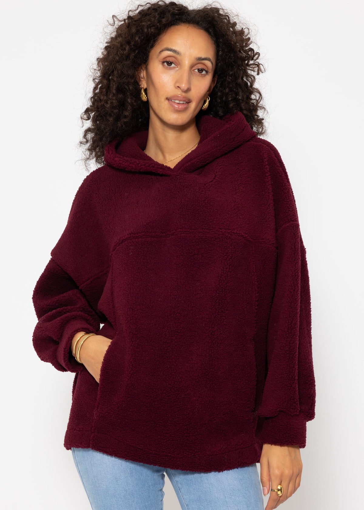 Oversize teddy sweatshirt with hood - burgundy