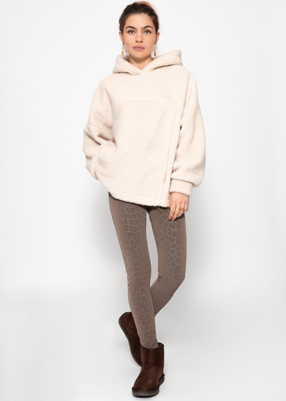 Oversize teddy sweatshirt with hood - offwhite